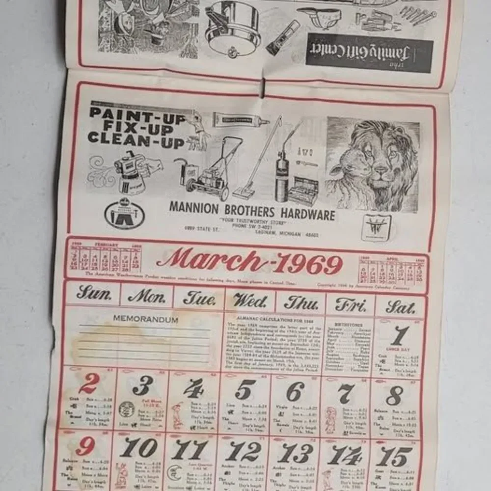Vintage 1969 Mannion Brothers Hardware Calendar